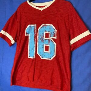 Red Short-Sleeve Kids Athletic Tee with Blue '16' Graphic